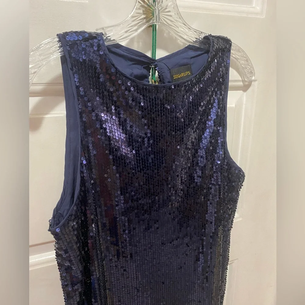 “Party Dress” Sequins Shimmering Midnight Blue Mini Dress by Sugarlips - Picture 4 of 11